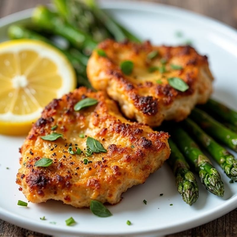 Crispy Pan-Seared Lemon Garlic Chicken Thighs with Roasted Asparagus