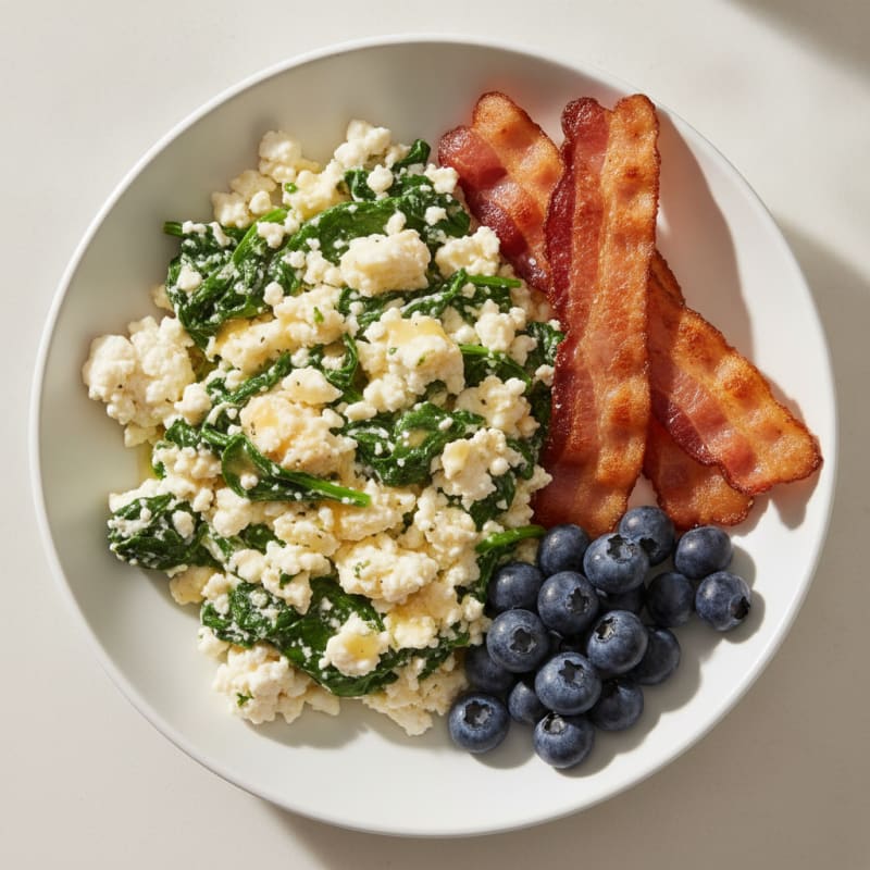 Egg White and Cottage Cheese Scramble with Spinach and Turkey Bacon