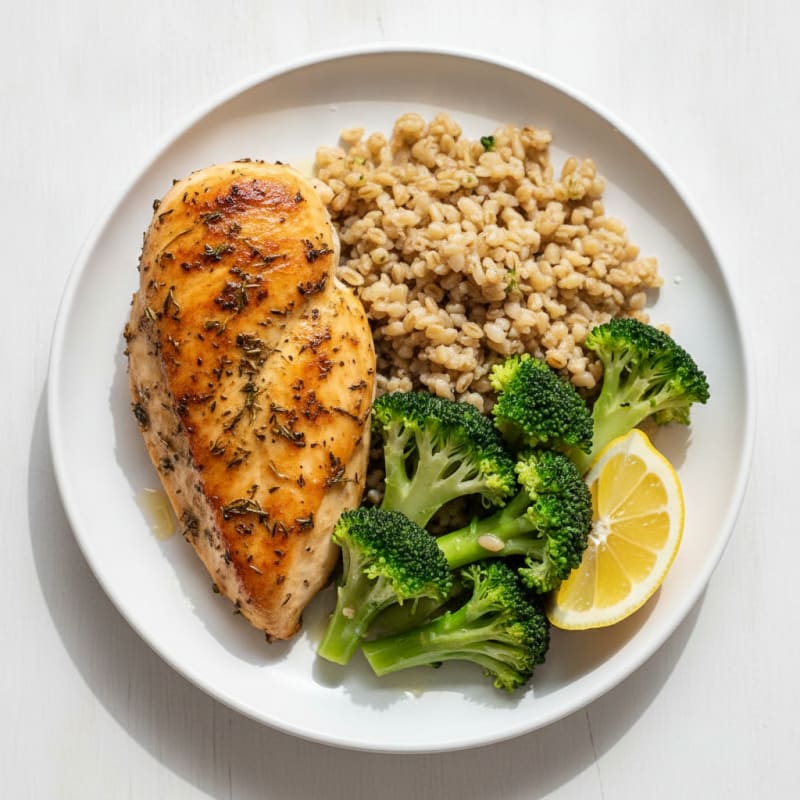 Herb-Roasted Chicken Breast with Steamed Broccoli and Farro