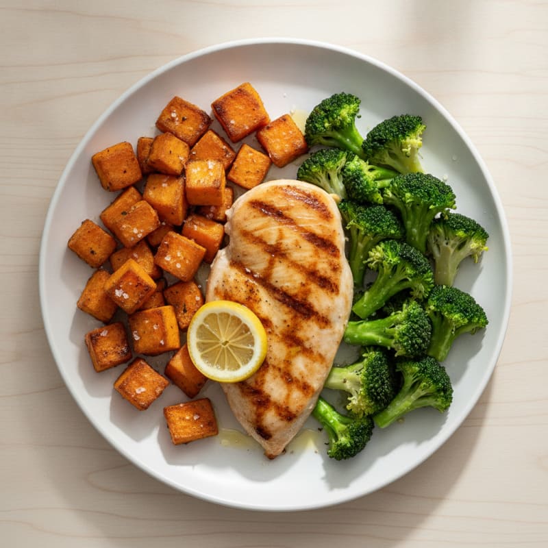 Seared Chicken Breast with Roasted Sweet Potato and Steamed Broccoli