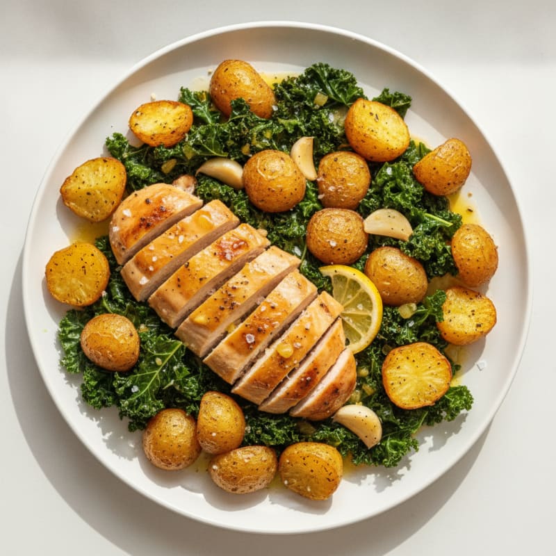Lemon-Garlic Roasted Chicken with Crispy Potatoes and Kale
