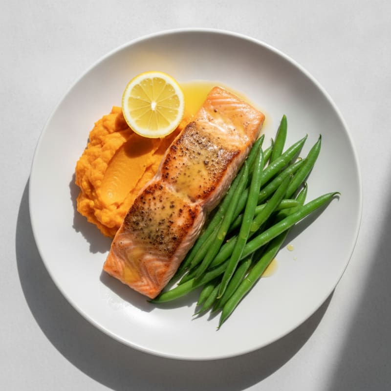 Seared Salmon with Steamed Green Beans and Sweet Potato Mash