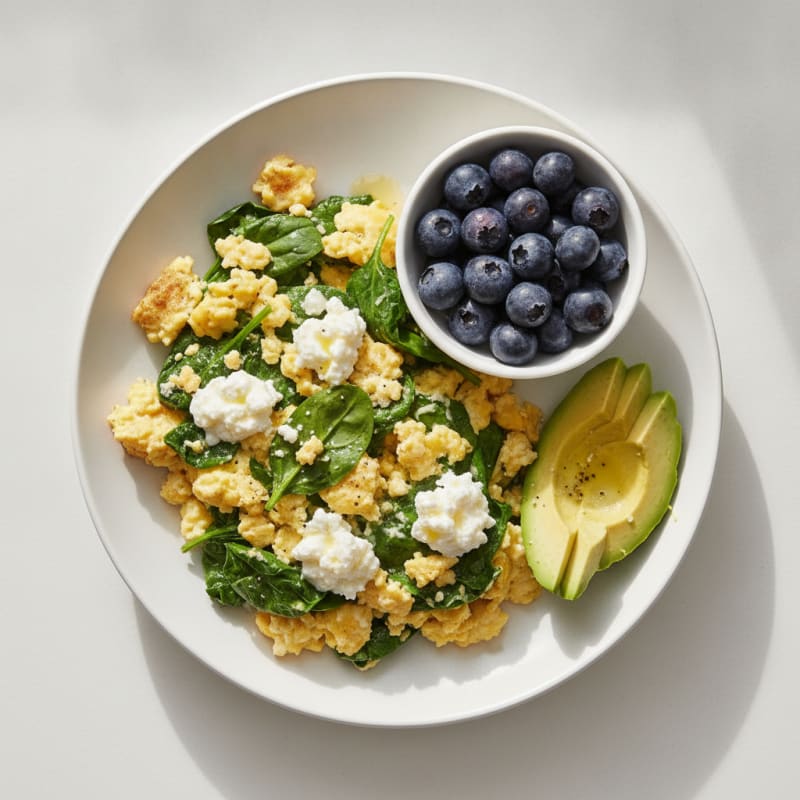 Egg and Spinach Scramble with Cottage Cheese and Berries