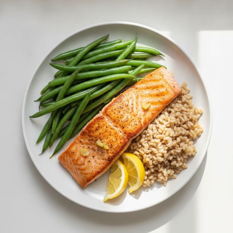 Seared Salmon Fillet with Steamed Green Beans and Brown Rice