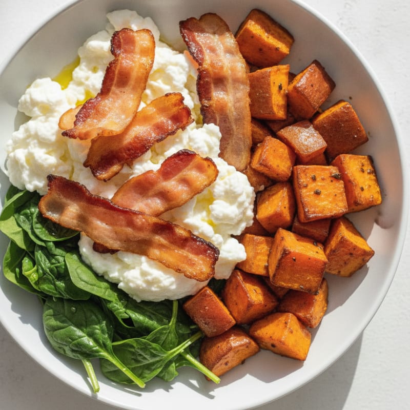 Crispy Turkey Bacon and Egg White Breakfast Bowl with Roasted Sweet Potatoes