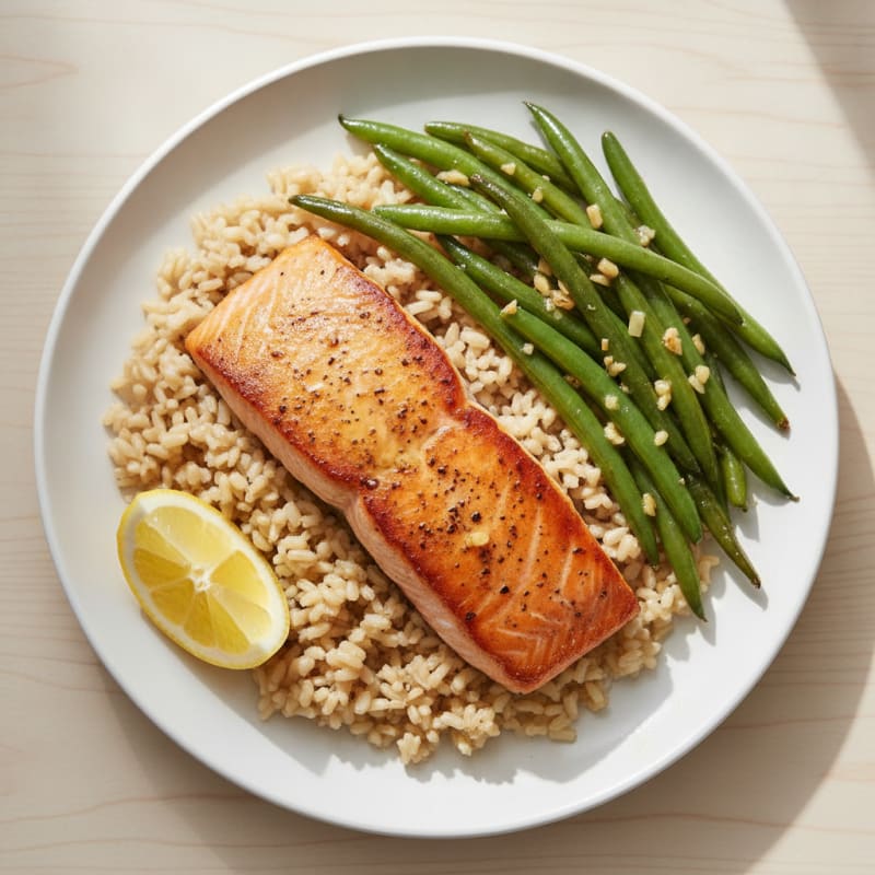 Seared Salmon with Garlic Green Beans and Brown Rice