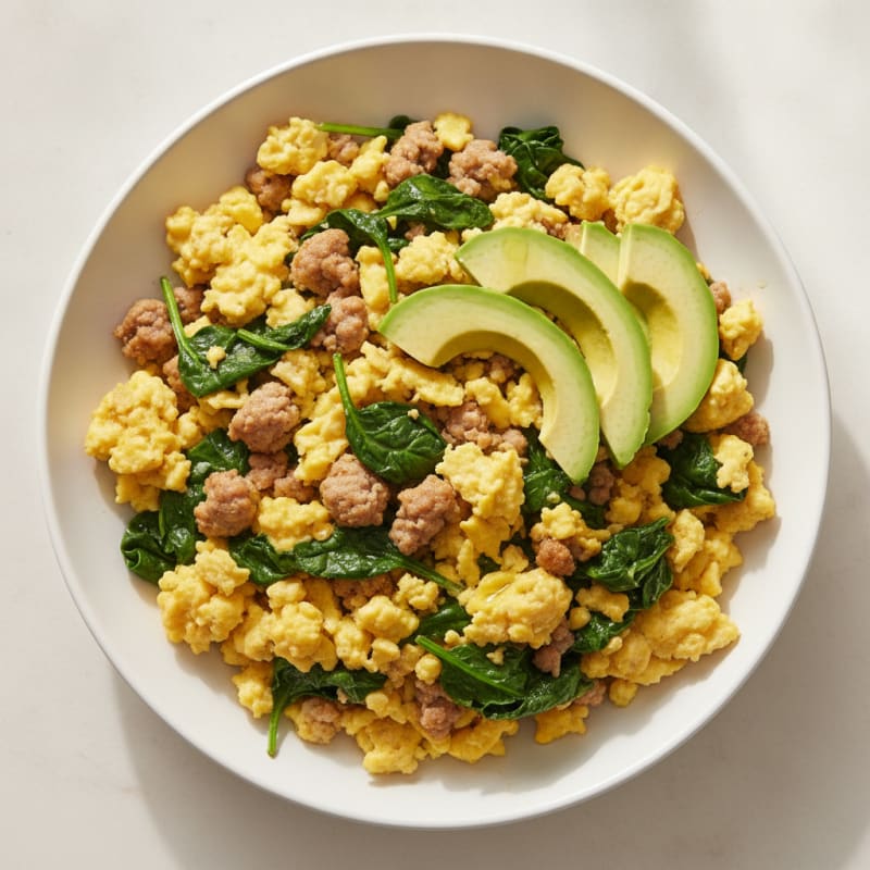 Scrambled Eggs with Turkey Sausage and Sautéed Spinach