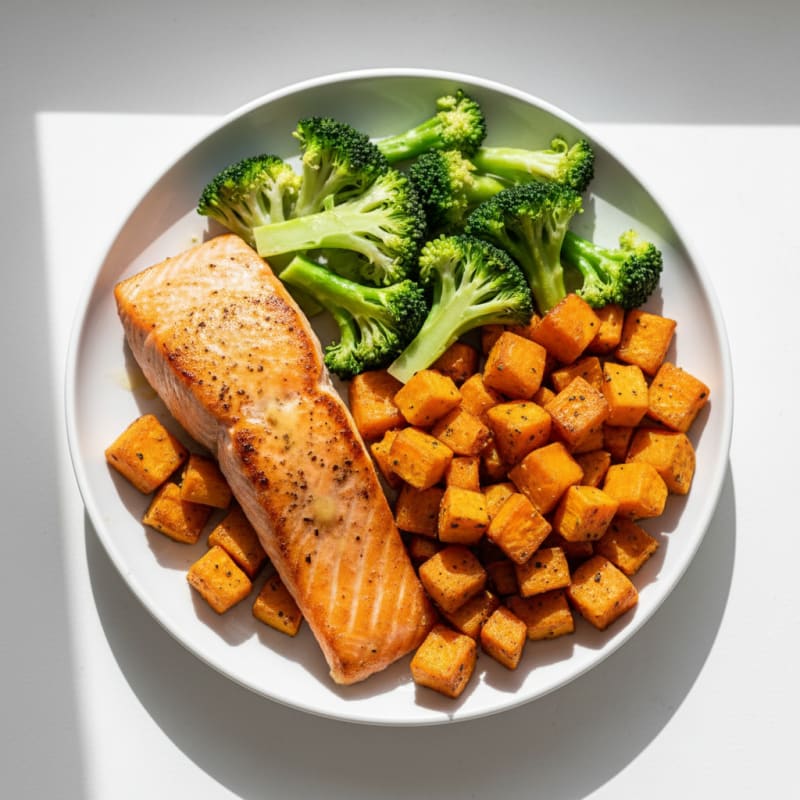 Seared Salmon with Roasted Sweet Potato and Steamed Broccoli