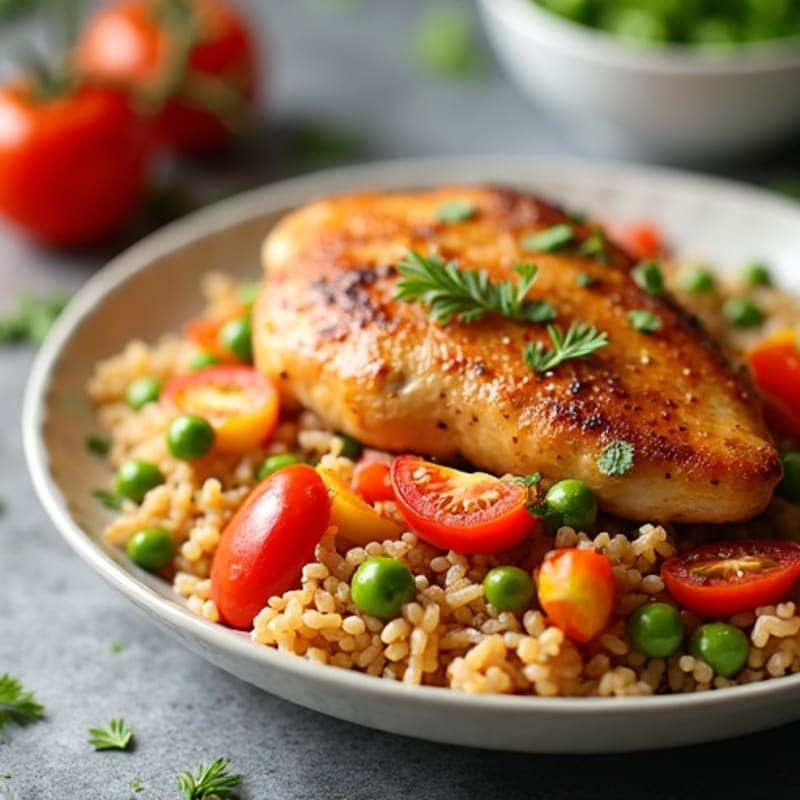 Tender Chicken and Tomato-Infused Rice Skillet with Sweet Peppers and Peas