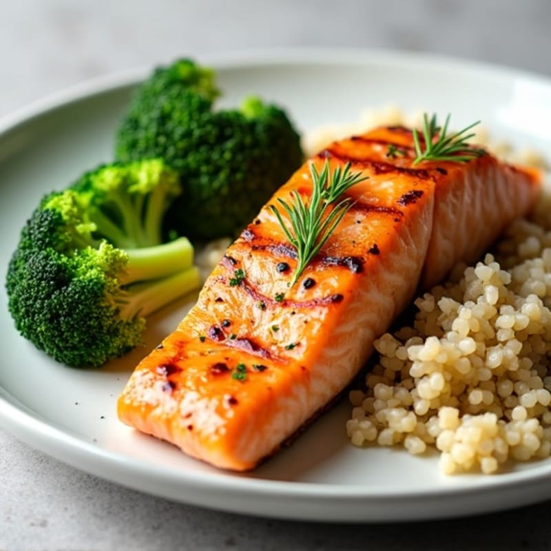 Seared Salmon with Steamed Broccoli and Herbed Brown Rice