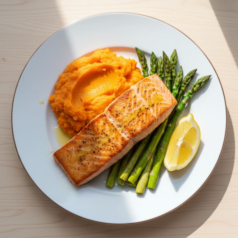 Seared Salmon Fillet with Roasted Asparagus and Sweet Potato Mash