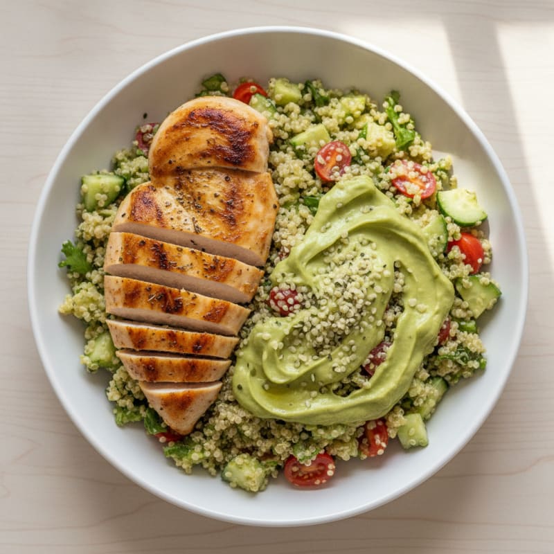 Grilled Chicken Breast with Creamy Avocado Quinoa Salad