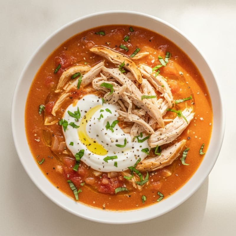 Creamy Tomato Basil Soup with Shredded Chicken