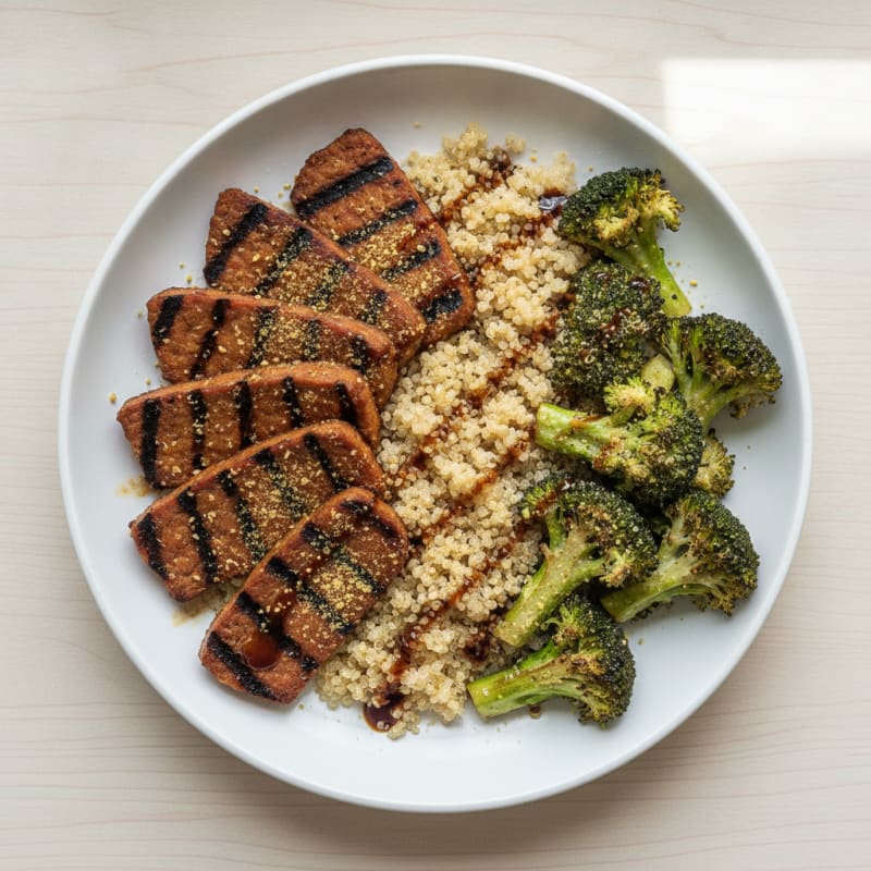 Grilled Tempeh and Quinoa Power Bowl with Roasted Broccoli