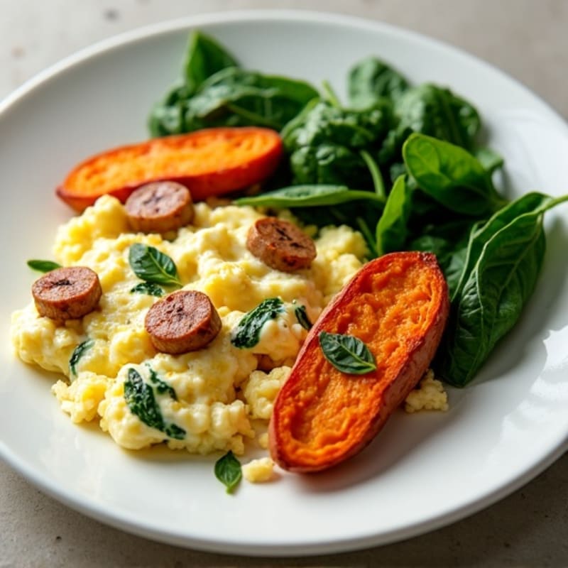 Egg White and Turkey Sausage Scramble with Spinach and Roasted Sweet Potatoes