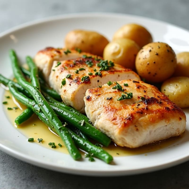 Seared Turkey Breast with Garlic Green Beans and Herb-Roasted Potatoes