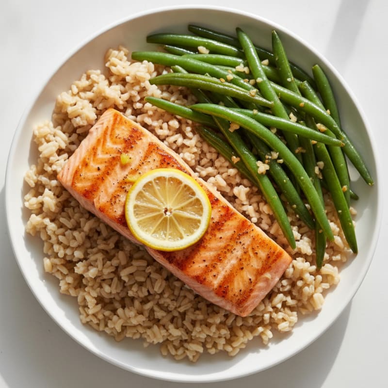 Seared Salmon with Garlic Green Beans and Brown Rice