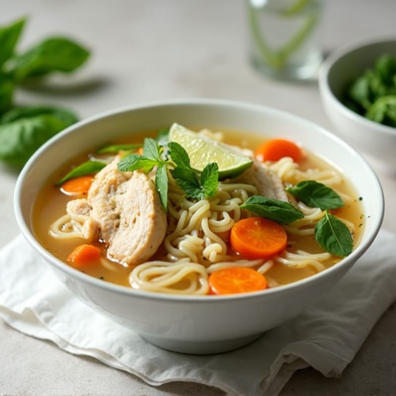 Savory Chicken and Rice Noodle Soup with Fresh Herbs