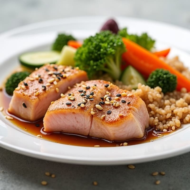 Silky Sesame Soy Tuna with Crisp Vegetables and Brown Rice
