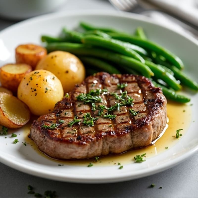 Garlic Herb Pan-Seared Steak with Crispy Roasted Potatoes and Green Beans