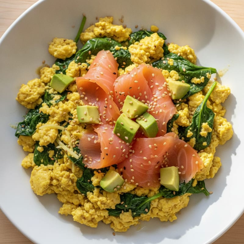 Silky Tofu Scramble with Smoked Salmon and Spinach