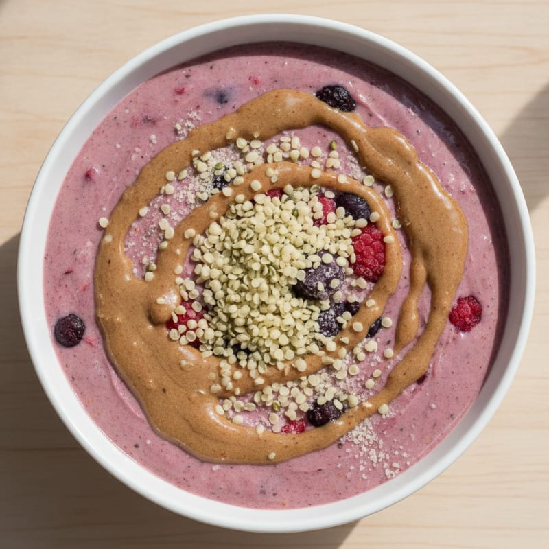 Silky Tofu Berry Smoothie Bowl with Hemp Seeds and Almond Butter