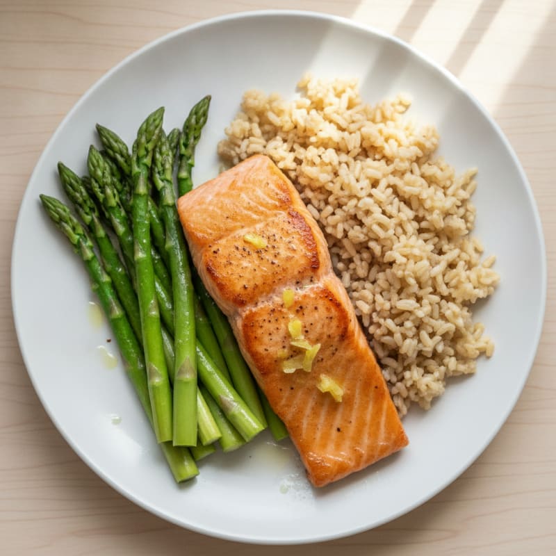 Seared Salmon with Steamed Asparagus and Brown Rice