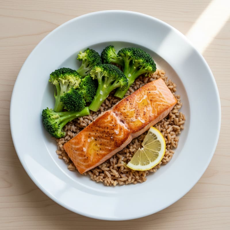 Seared Salmon with Steamed Broccoli and Brown Rice