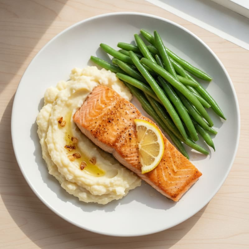 Seared Salmon with Steamed Green Beans and Garlic Mashed Cauliflower