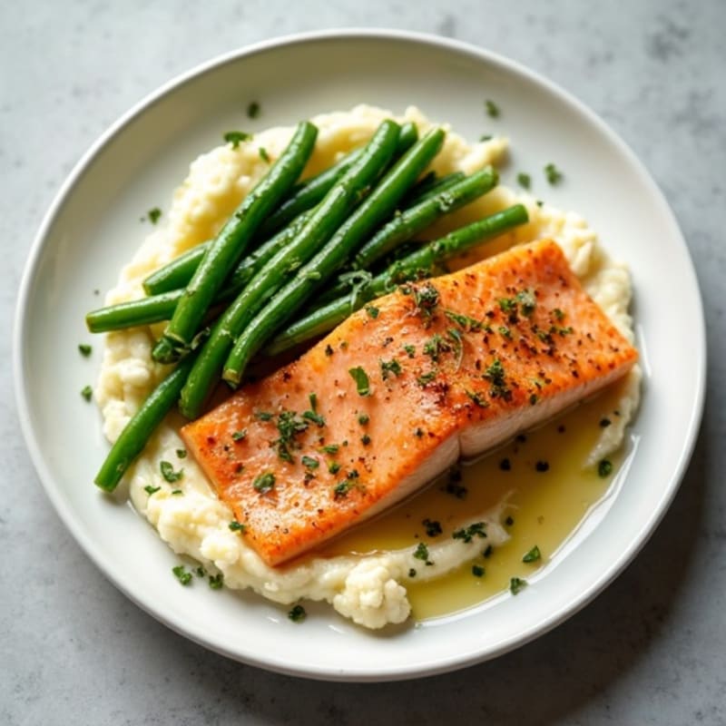 Seared Salmon with Garlic Green Beans and Cauliflower Mash