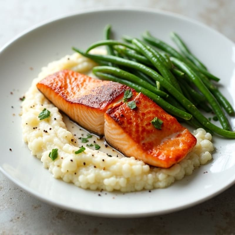 Seared Salmon with Steamed Green Beans and Cauliflower Mash