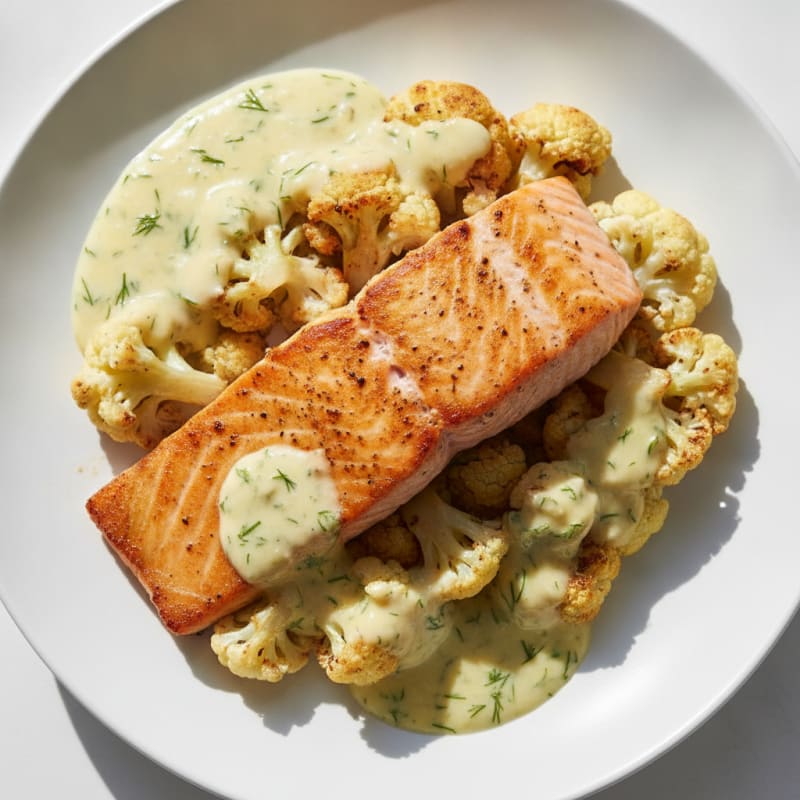 Seared Salmon with Roasted Cauliflower and Lemon-Herb Yogurt Sauce