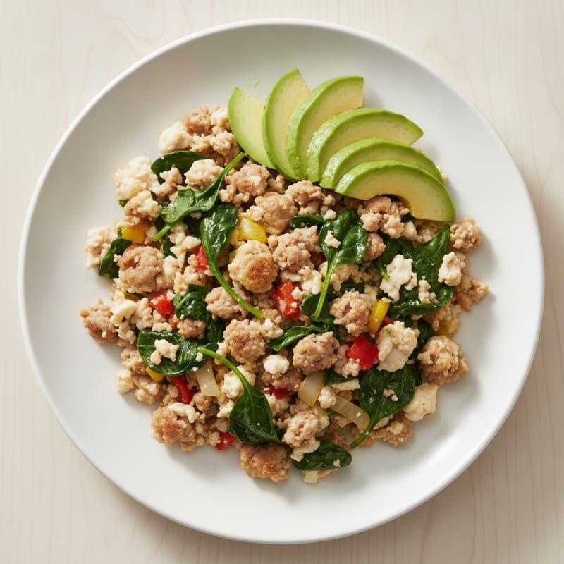 Egg White Scramble with Turkey Sausage and Sautéed Spinach