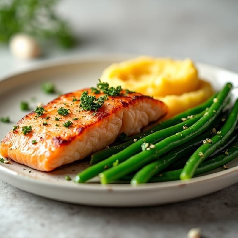 Seared Salmon Fillet with Garlic Green Beans and Mashed Sweet Potato