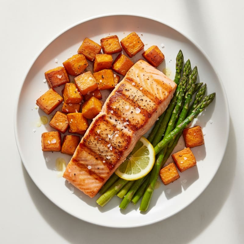 Seared Salmon Fillet with Roasted Sweet Potato and Asparagus