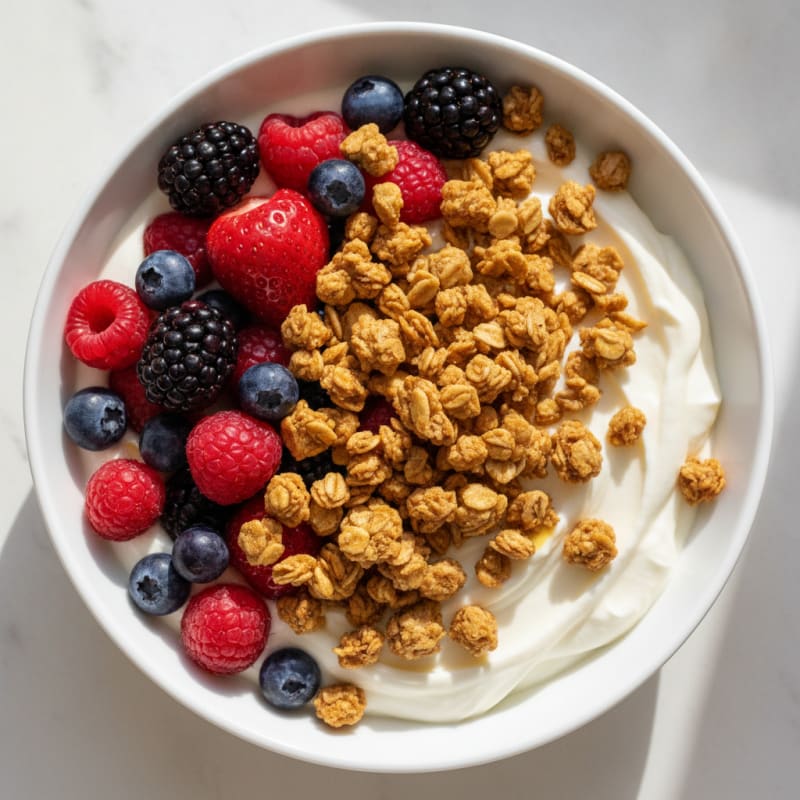 Silky Greek Yogurt Bowl with Mixed Berries and Protein Granola