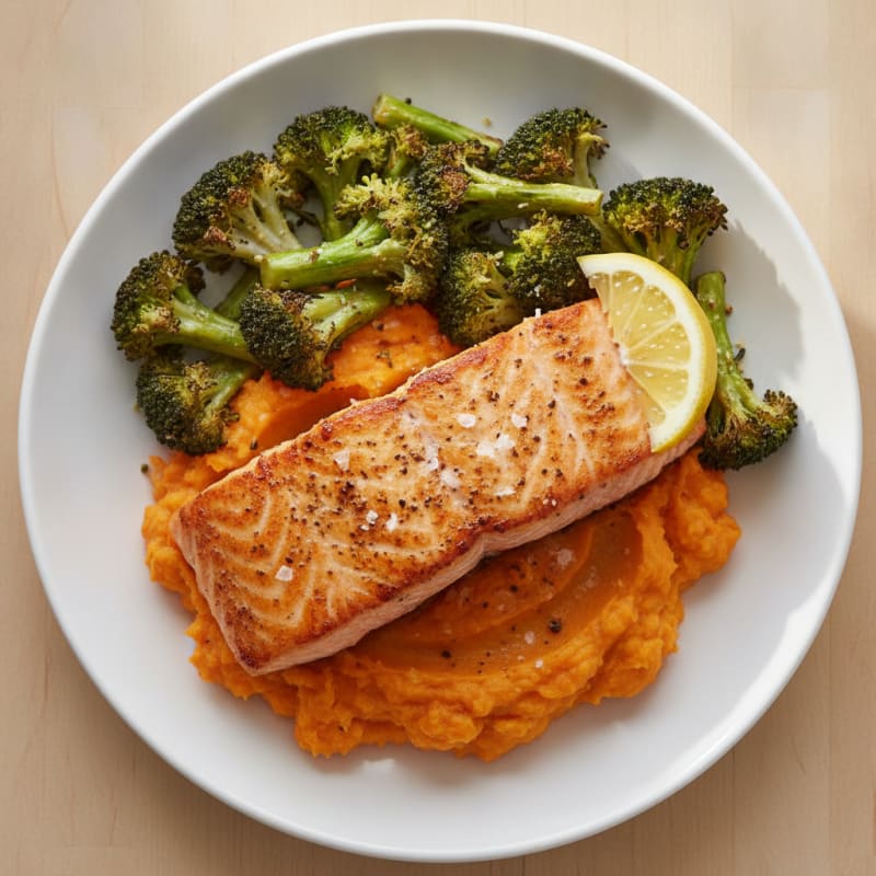Seared Salmon with Roasted Broccoli and Sweet Potato Mash