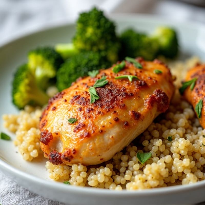 Crispy Lemon Garlic Chicken Thighs with Roasted Broccoli and Fluffy Quinoa