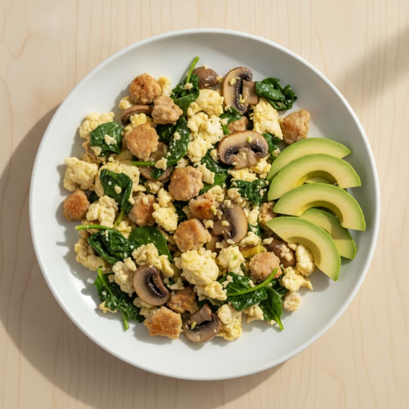 Egg White Spinach Scramble with Turkey Sausage and Sautéed Mushrooms