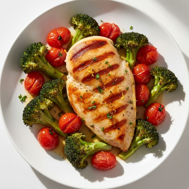 Grilled Chicken Breast with Roasted Broccoli and Cherry Tomatoes
