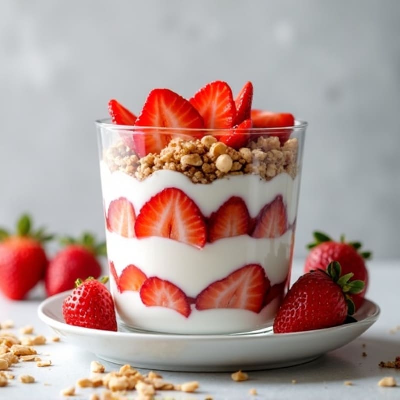 Fresh Strawberry and Creamy Greek Yogurt Parfait with Crunchy Almond Crumble