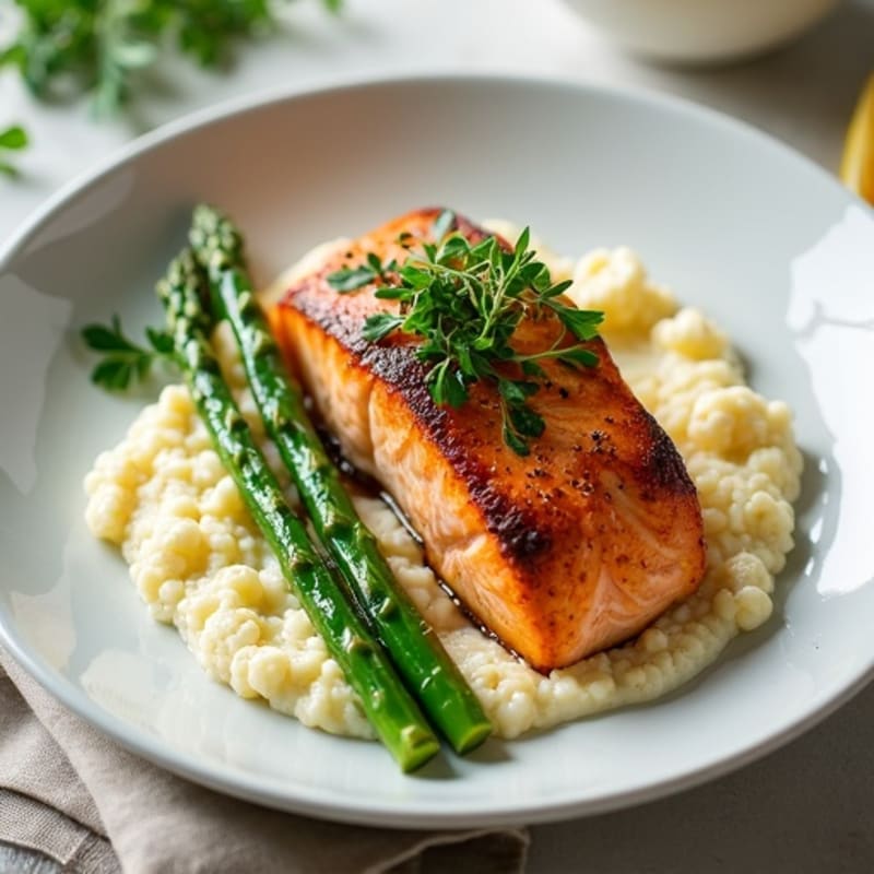 Seared Salmon with Roasted Asparagus and Garlic Cauliflower Mash