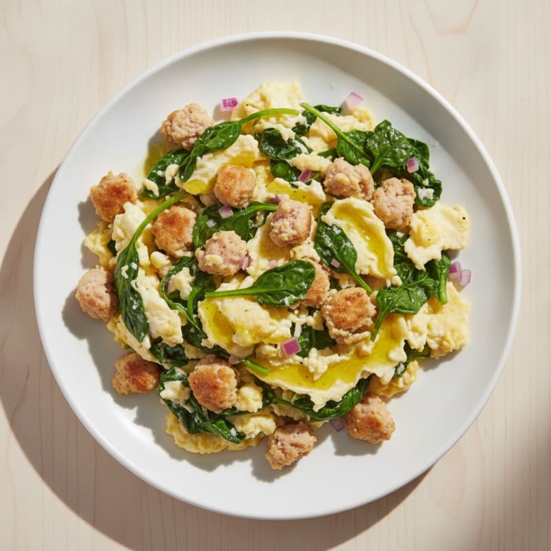 Egg White Scramble with Turkey Sausage and Sautéed Spinach