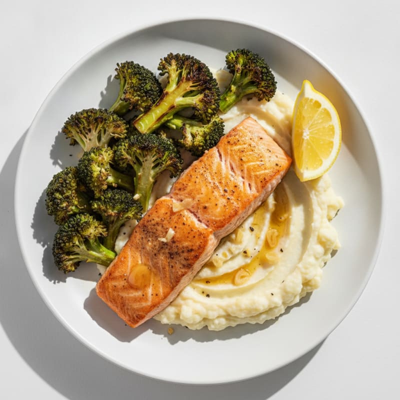 Seared Salmon with Roasted Broccoli and Garlic Mashed Cauliflower