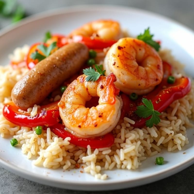 Spicy Chicken Sausage and Shrimp Skillet with Bell Peppers and Rice