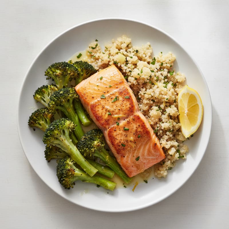 Seared Salmon Fillet with Roasted Broccoli and Lemon Quinoa