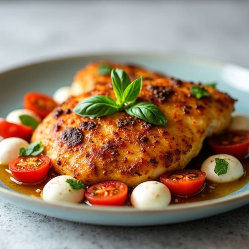 Crispy Pan-Seared Chicken with Blistered Tomatoes and Fresh Mozzarella