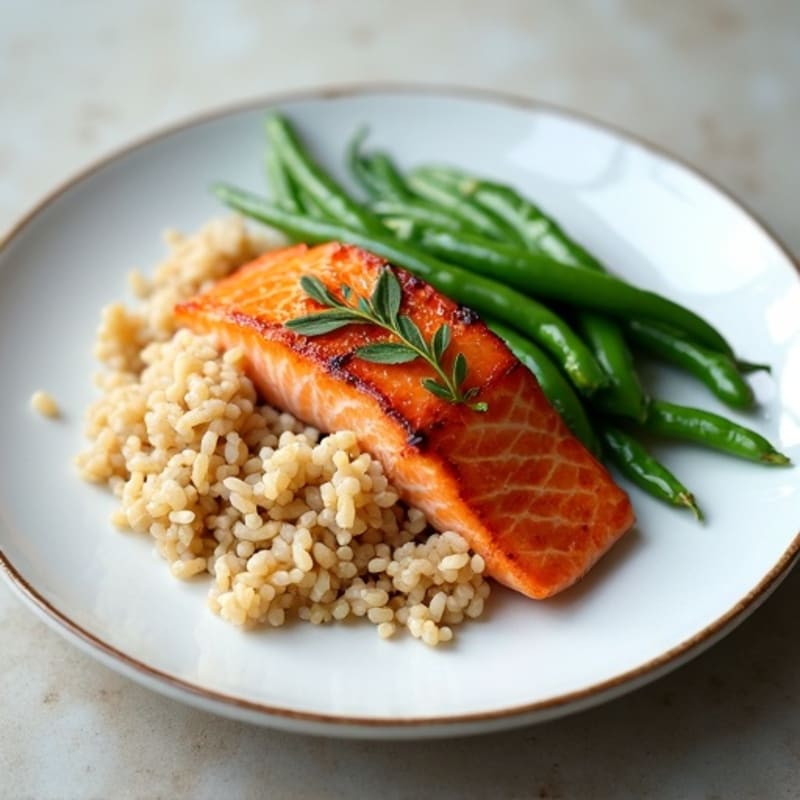 Seared Salmon with Steamed Green Beans and Brown Rice