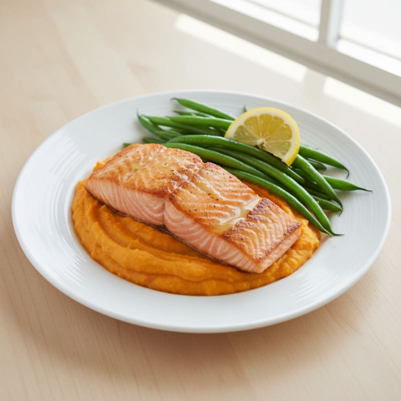 Seared Salmon Fillet with Steamed Green Beans and Sweet Potato Mash