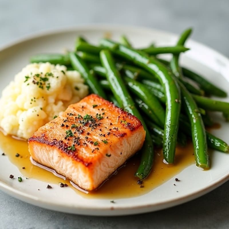 Seared Salmon with Garlic Green Beans and Cauliflower Mash